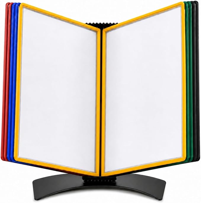 Tarifold Desktop Reference System, 10 Pockets, Easy-Load Design, Assorted | 10 Double-Sided Polypropylene Pockets, Holds 20 Letter-Size Sheets, Sturdy Metal Base, Quick and Easy to Assemble by TARIFOLD