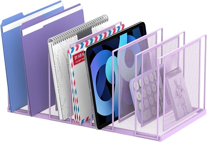 File Organizer for Desk, 7-Section Vertical File Sorter, Paper Holder Organizer Standing Metal File Folder for Office Home Classroom, Purple by JMHUD