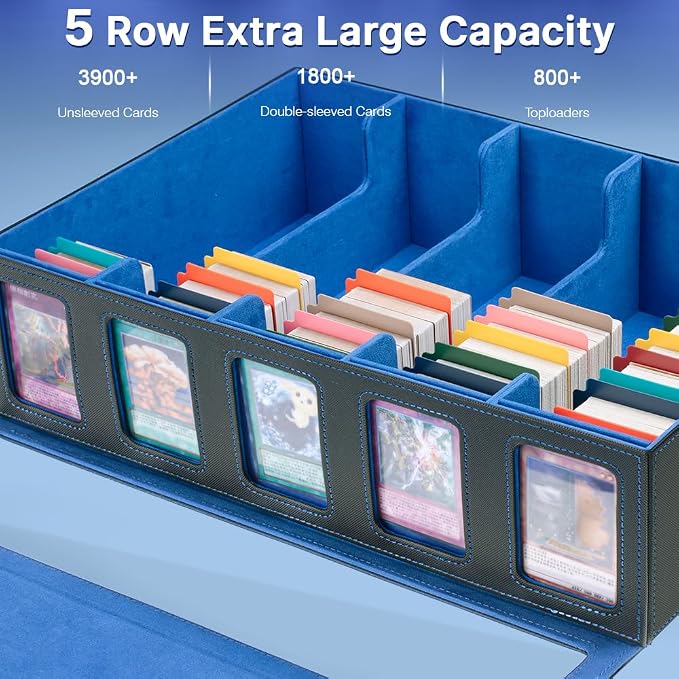 5-Row 3900+ Trading Card Storage Box for MTG, Card Deck Box with Snap-fit Design, 5 Card Sleeves, 10 Stoppers, 80 Dividers and 1 Dice Tray (Black-Blue) - Image 2