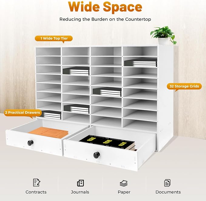 Literature Organizers, 32 Slots Compartment Adjustable File Sorter Mail Center Magazine Holder with 2 Drawer, Mail Organizer Letter Sorter for Counter, Paper Storage Cabinet Classroom Keepers - Image 3