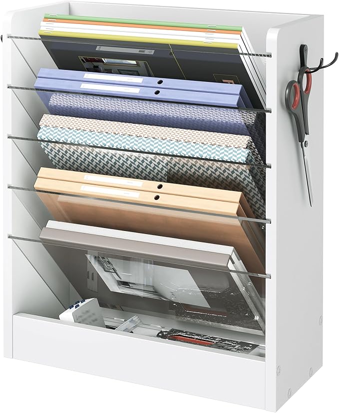 Wall File Holder, 6-Tier File Organizer, Office Supplies Storage Rack, Versatile Desktop Organizer, with Detachable Shelves, with Side Hooks, for Living Room, Study, Home Office, White MWJ02WB - Image 7