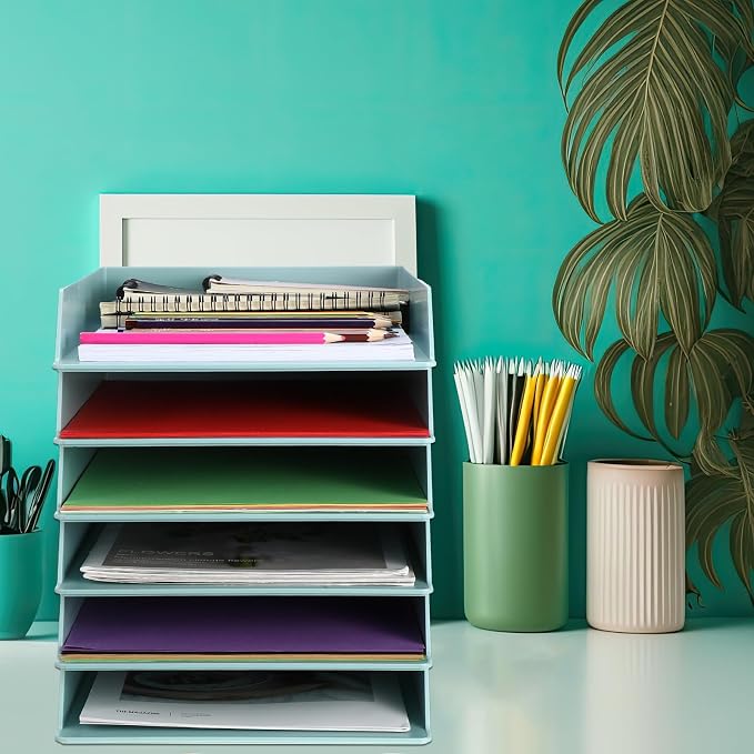 Tatuo 8 Pack Stackable Paper Trays Plastic Letter Tray Desk Organizer Paper Holder Organizer Storage Office Desk Accessories for Classroom Magazine File Documents 12.8 x 9.45 x 1.97, Blue Green - Image 5