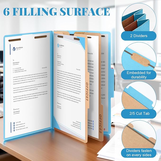 AmazingSpark 12 Pcs Legal Size Classification Folders Bulk 2 Dividers Pressboard File Folder with Expansion 2 Prongs Fastener Heavy Duty Office File Organizer for School Hospitals Home (Light Blue) - Image 3