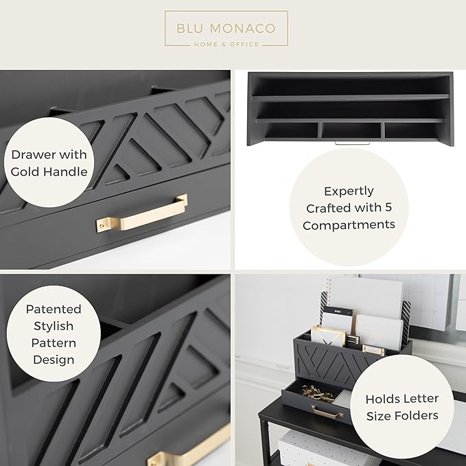 BLU MONACO | Wooden Mail Organizer with Drawer Gold Handle | Mail Sorter Organizer Countertop and Outgoing Mail Holder | Tabletop Organizer with Drawers Grey Desk Storage - Image 7