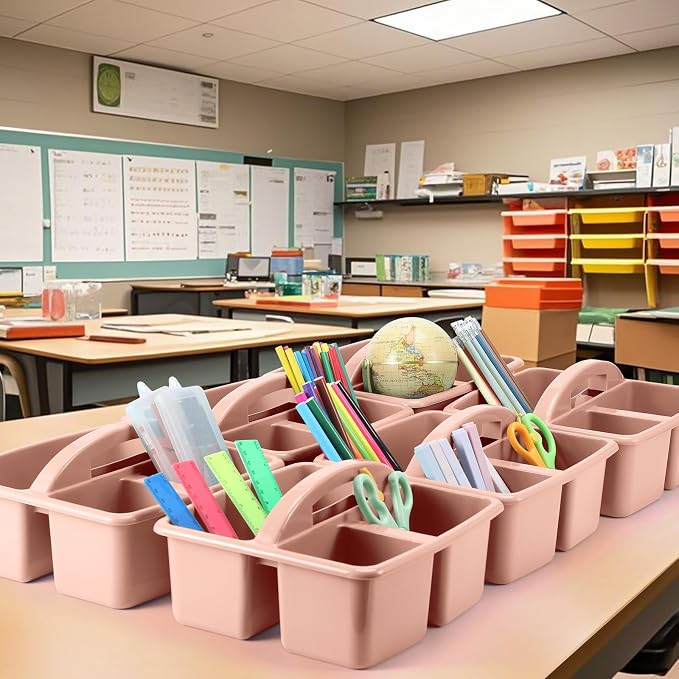 Lineshading 12 Pcs Classroom Caddy with 3 Compartment - Multipurpose Portable Plastic Storage Table Caddies with Handles for School Home Office Organizer(Flesh Pink) - Image 7