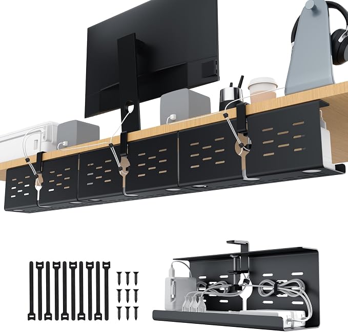 KEEGH 16 in Under Desk Cable Management Tray, Capacity Cable Tary, 3 Pack | No Drill Clamp Mount, Heavy Metal, Cord Management Tray for Home Office, Gaming Desk, Standing Desk, Black by KEEGH