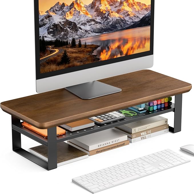 Monitor Stand Riser, 24 Inch Computer Monitor Stand for Desk, 2-Tier Wood Desk Shelf Organizer with Storage, Desktop Stand for Laptop/Screen/PC/Printer, Ergonomic Home Office Monitor Stand by NestNeatHome
