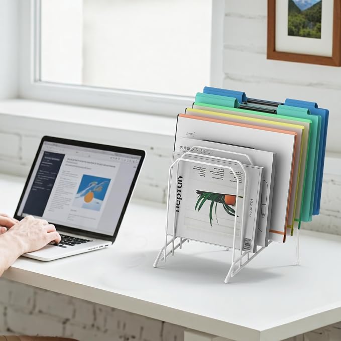 Incline Sorter Desk File Organizer, Metal Desk Magazine Folder Holder with 8-Section Vertical Compartments Rack File Organizer for Office, Home, School (2, White) - Image 5