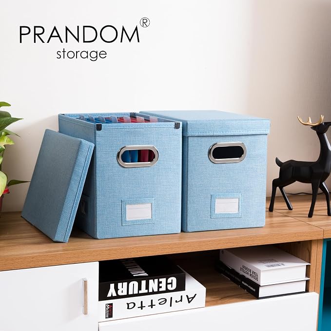 File Organizer Box - Set of 2 Collapsible Decorative Linen Filing Storage Hanging File Folders with Lids Office Cabinet Letter Size Blue (14x9.3x10.8 inch) - Image 2