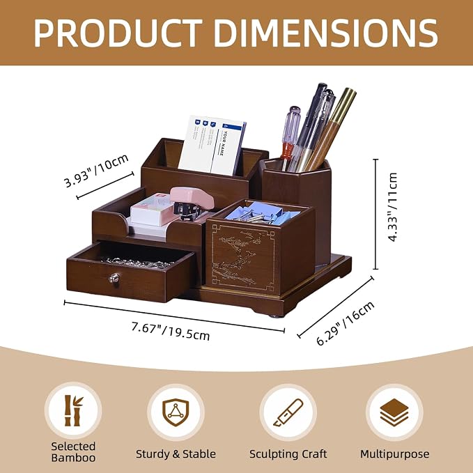 Bamboo Desk Organizer with Drawer, Wood Pen Holder & Card Slot, Brown | Desktop Storage Caddy, Office & Home | Natural Solid Bamboo, No Assembly, Non-Slip Base | Multi-Compartment, Ready to Use - Image 3