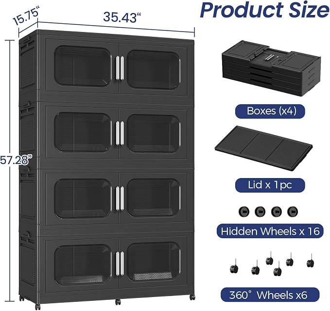 200Gal Exra Large Stackable Storage Bins with Lid, 800QT Collapsible Storage Box with 6x Wheels, Folding Plastic Cabinet Container with Door Drawer for Home Kitchen Office Dorm, 4Pack Black - Image 2