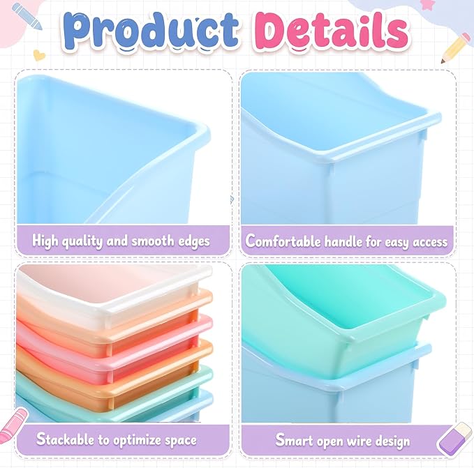 Blosssound 6 Set Book Bins for Classroom with Label Sticker Book Box Baskets Plastic Stackable Organizing Bins Storage & Organization for Classroom Library Home School Supplies (Cloud Pastel) - Image 2
