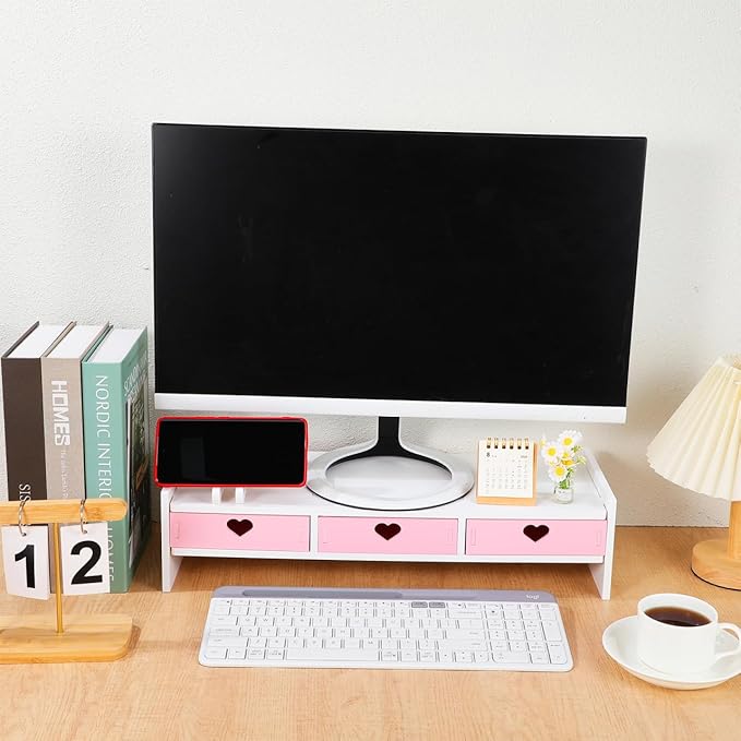 Pink Monitor Riser, Space-Saving Elevated Stand with Smooth Edges for Keyboard Storage, Ergonomic Desktop Organizer for Home & Office, 19.29x7.48x3.93In - Image 4