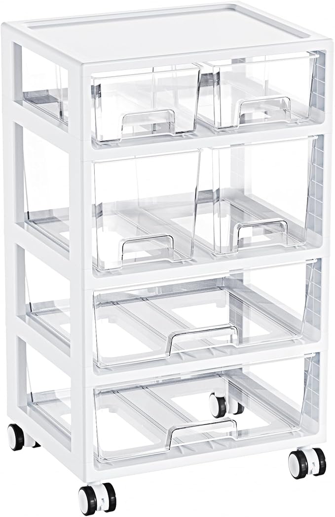 Vtopmart Drawer Storage Organizer,4 Tier 6 Drawers with Wheels, Clear | Clear Drawers with Multiple Sizes Keep Supplies Visible. Sturdy for Bathreoom, Office, Under Desk, Crafts & Art Storage. by Vtopmart