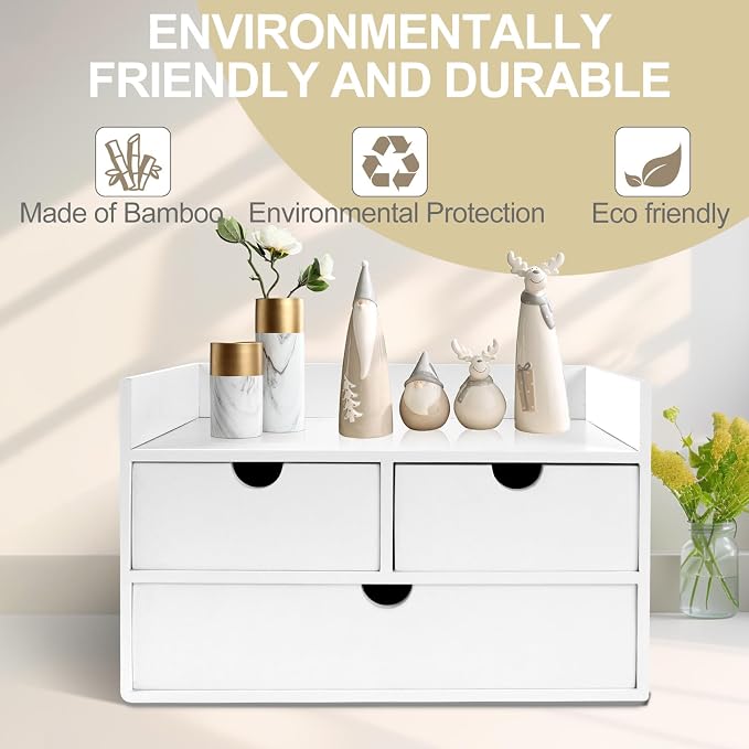 Charmewooden Bamboo Desk Organizer 3 Drawer with Shelf, Countertop Organizer with Drawers Makeup Storage Drawer 3 Drawers Tabletop Storage Organization Box Home Office Workspace（White） - Image 4