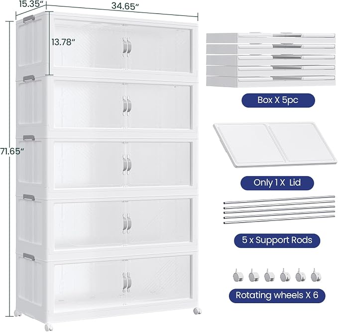 1200QT Extra Large Stackable Storage Bins with Lid, 300Gal Plastic Closet Organizers and Storage Drawer, Collapsible Cabinet Box with Wheels Clear Doors for Home Kitchen Garage, 5Pack White - Image 2