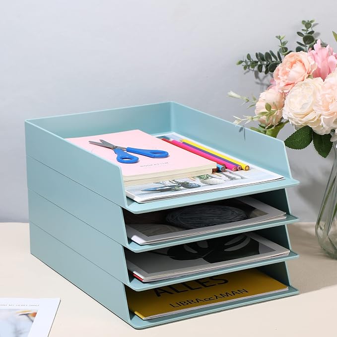 Tatuo 4 Pack Stackable Paper Trays Plastic Letter Tray Desk Organizer Paper Holder Organizer Storage Office Desk Accessories for Classroom Magazine File Documents 12.8 x 9.45 x 1.97, Blue Green - Image 5