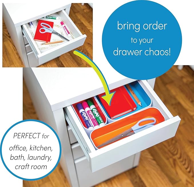 Three by Three Seattle Metal Drawer Organizer Tray Set, 6-Pc, 2" (Classic) | Deep 2" food-safe colorful metal bins; soft non-scratch base; kitchen, vanity, bathroom & office drawer storage - Image 2