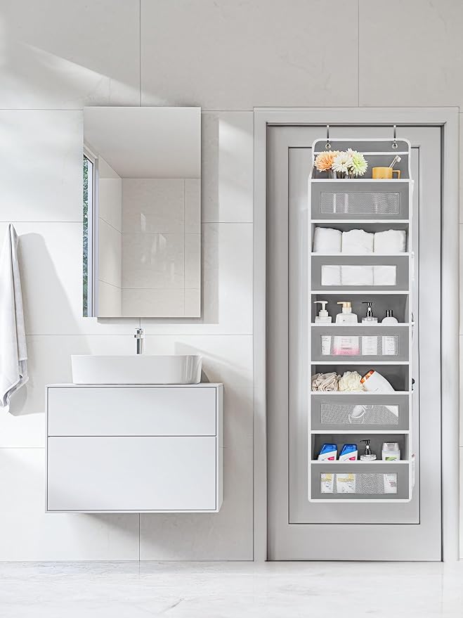JARLINK Over the Door Organizer for Bedroom, Pantry, Bathroom, 5 Shelf Grey | Anti-Tilt Design, 44 lb Load Capacity, Hanging Door Organizer with 5 Large Capacity Pockets, Behind Door Storage for Nursery - Image 2