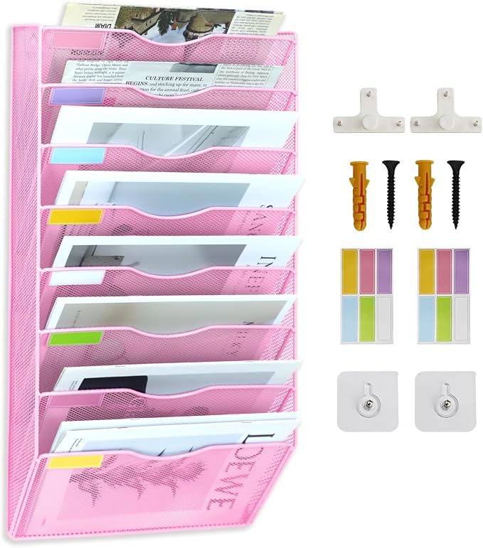 8 Pockets Mesh Wall File Holder Organizer Office Hanging File Folder Magazine Rack, Nametag Label Hooks Set Included (Pink) by ideallife