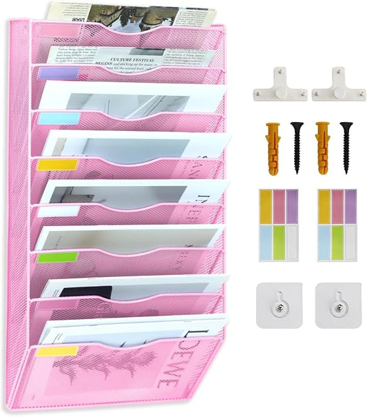 8 Pockets Mesh Wall File Holder Organizer Office Hanging File Folder Magazine Rack, Nametag Label Hooks Set Included (Pink) by ideallife