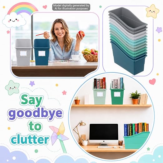 gisgfim 12 Pack Large Book Bins with Labels (Modern) | Durable Plastic,Stackable Magazine Organizer,Storage Bins for Classroom,Library,Office,Bookshelf Categorization - Image 5