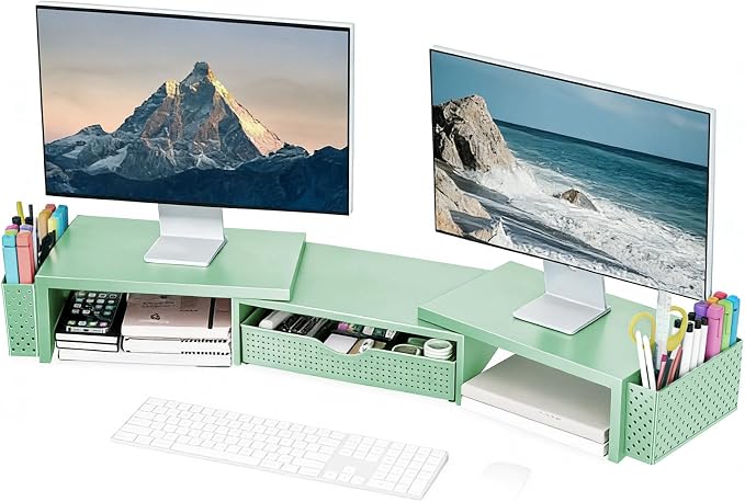Spacrea Metal Desk Organizers and Accessories, Dual Monitor Stand Riser with Drawer and 2 Pen Holders, Book Racks, Desk Accessories & Workspace Desktop Organizers for Office Supplies (Sage Green) by Spacrea