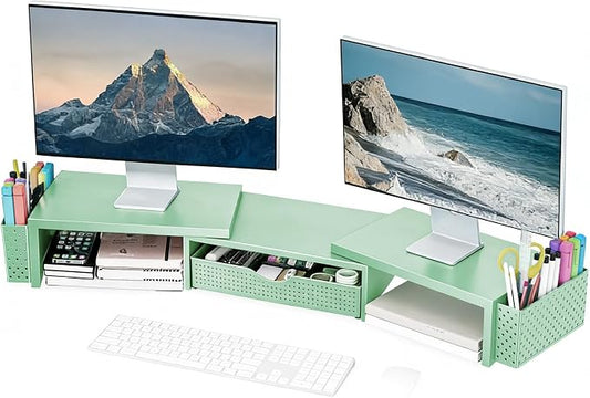 Spacrea Metal Desk Organizers and Accessories, Dual Monitor Stand Riser with Drawer and 2 Pen Holders, Book Racks, Desk Accessories & Workspace Desktop Organizers for Office Supplies (Sage Green) by Spacrea