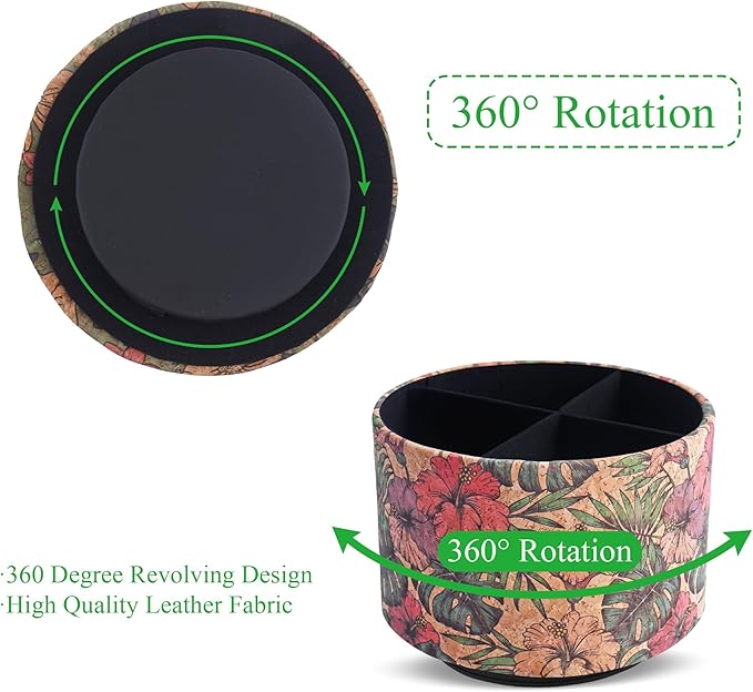 Round Leather Art Supply Organizer,Remote Control Holder,360 Degree Spinning,Multi-Functional Pencil Holder,4 Compartments Desktop Stationary Organizer(1-Wood Leather Banana)