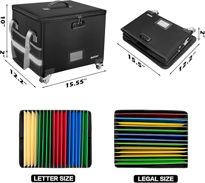 ENGPOW Fireproof Document Box with Wheels, Collapsible File Box with Lock, Rolling File Storage Organizer Filing Cabinet with Pockets, Portable Home Office Safe for Hanging Letter/Legal Folder - Image 6