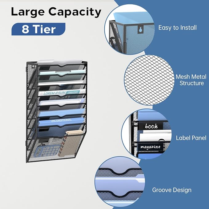8-Tier Wall File Organizer and Hanging File Organizer, Black | Wall Organizer and Wall Mounted File Holder with 8 Pockets and Label Panels for Files, Mail, Folders, Magazines and Paper - Image 8