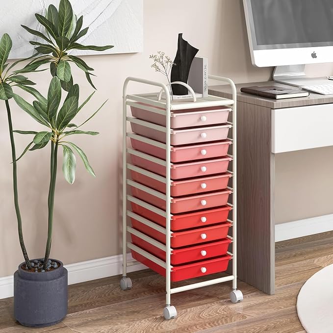 Storage Cart, Rolling Utility Cart with 10 Drawers, Portable Handles & Lockable Wheels, Mobile Paper Toys Storage Organizer Large Capacity for Home Office School Teacher (Gradient Pink) - Image 2