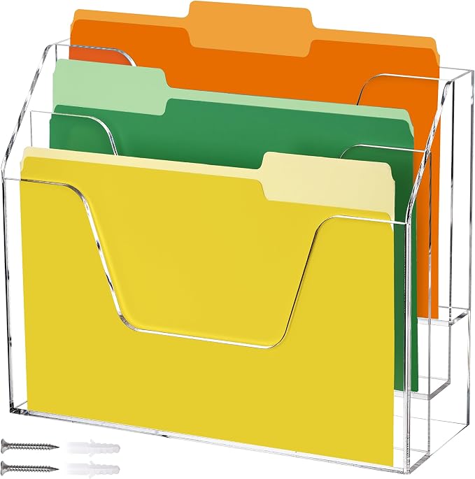 Wall Hanging File Folder Organizer for Desk, 3-Tier Acrylic Magazine Rack Wall Mount File Holder, Clear Paper Document Office Organizer - 1 Pack by Tfirhuoe