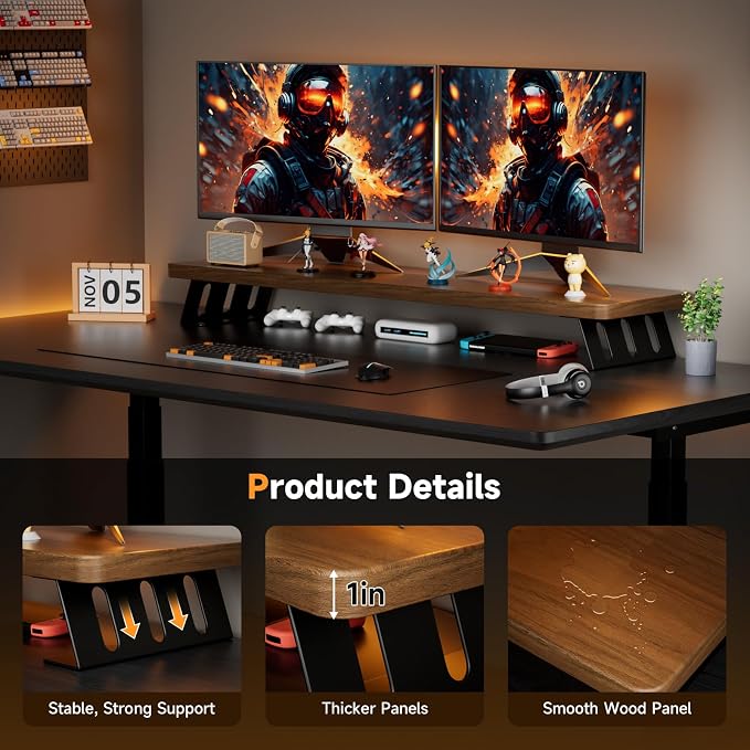 Dual Monitor Stand, 39 Inch Large Wood Monitor Stands for 2 Monitors - Image 2