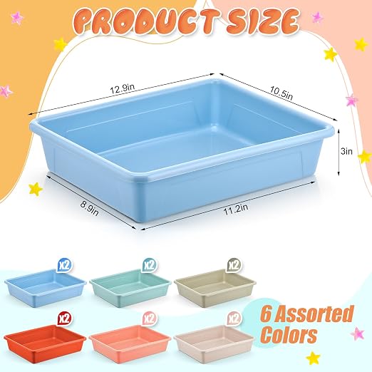 Affrolling 12 Pack Letter Size Flat Storage Tray, Stackable Plastic Organizer Bins for Classroom, Turn in Paper Tray Art Supply Baskets for Home School Office Teacher Desk Organization (Light Colors) - Image 2