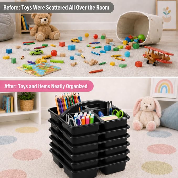 gisgfim 6 Pack Plastic Classroom Caddy with 4-Compartments Plastic Storage Caddies with Handle 4 Compartments Table Caddy Organizer Versatile Table Caddies for Classroom Office, Black - Image 7