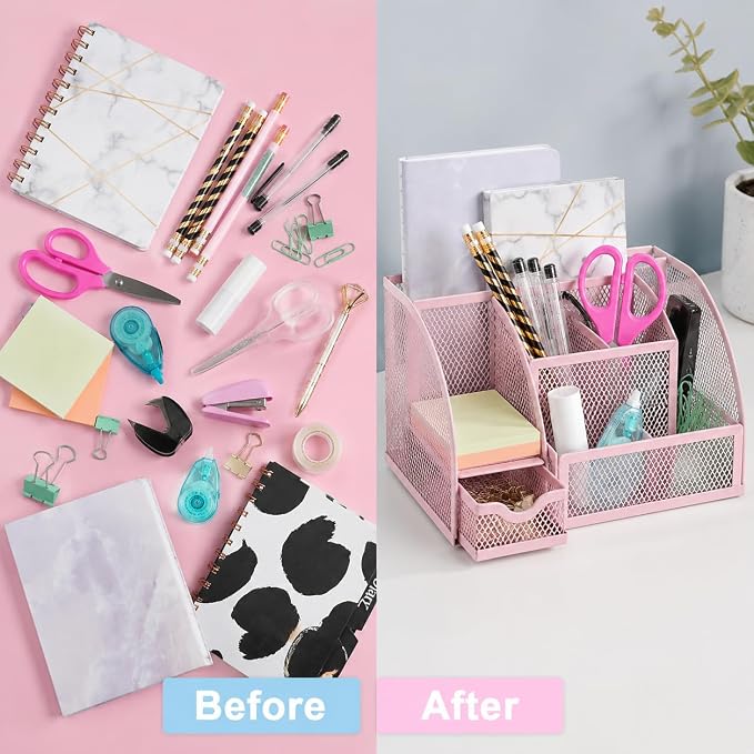 Exerz Desk Organizer 7 Compartments Metal Mesh Pen Holder Caddy Light Pink | Soft Color Desktop Storage for Notes Clips Scissors Rulers Craft Tools Makeup Study and Home Use - Image 6