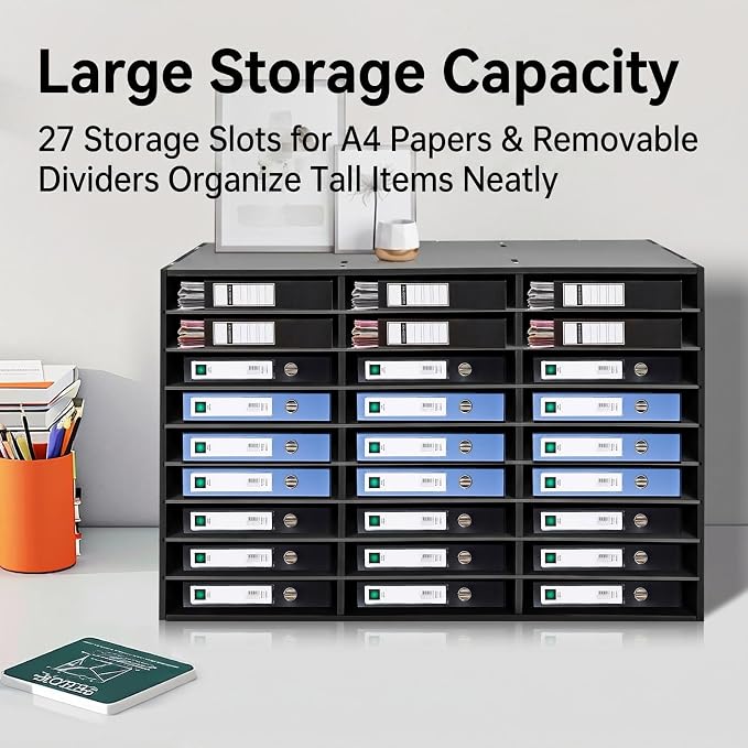 27 Slots Desktop File Sorter Literature Organizer Mail Paper Storage Cabinet Large PVC Classification Display Cabinet for Files Documents Letters, Office School Home Use (Black) - Image 2