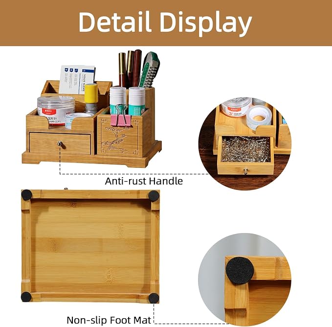 Bamboo Desk Organizer with Drawer & Pen Holder, Office Desk Caddy Storage | Natural Bamboo Wooden Desk Organizers and Accessories with Drawers Multi-Compartment Desktop Storage for Office Home Supplies - Image 3