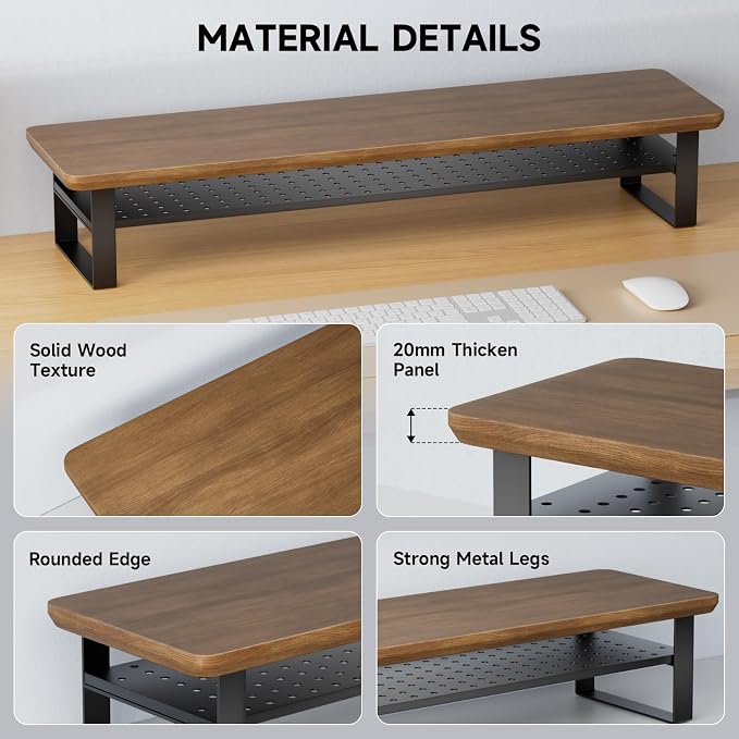 Dual Monitor Stand, 35.4 Inch Monitor Stand Riser for 2 Monitors, 2 Tiers Wood Desk Shelf with Storage, Desktop Organizer Stand for Computer, Laptop, Printer, TV - Image 5