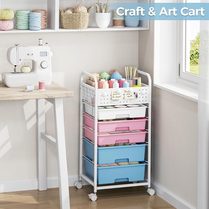 5 Drawer Rolling Storage Cart with Pegboard Top and Hooks, Pink&Blue | Mobile Organizer Cart with Wheels for Office Supplies, Craft Storage, Classroom Organization, Home Utility Cart - Image 7