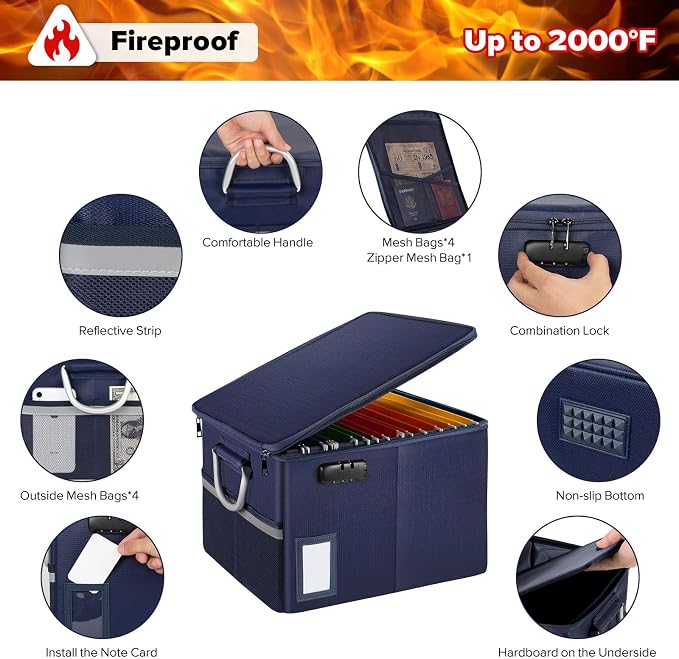 TOMKID Fireproof Document Box, Fire Proof Safe Box for Home Document Organizer with Lock, Fire Organizer Box Office Storage Cabinet for Hanging Letter/Legal Folder 16.1 x 12.9 x 11in (Blue) - Image 4