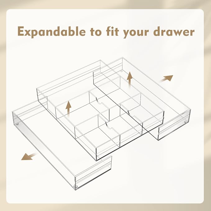 Briwooody 2 Pcs Acrylic Desk Drawer Organizer Maximum 12 x 18 x 2.1 Inch Expandable Drawer Organizer Trays with 8 Adjustable Compartments Desk Accessories for Makeup Silverware Office Bathroom - Image 5