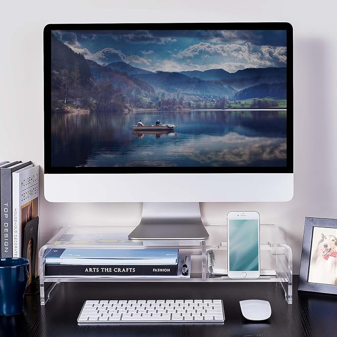 BEYGORM Acrylic Monitor Stand for Full Keyboard, 20" Wide 2-Tier | Clear Riser with Storage Shelf and Phone Holder, Desktop Organizer for Laptop, Printer & Screen - Image 7