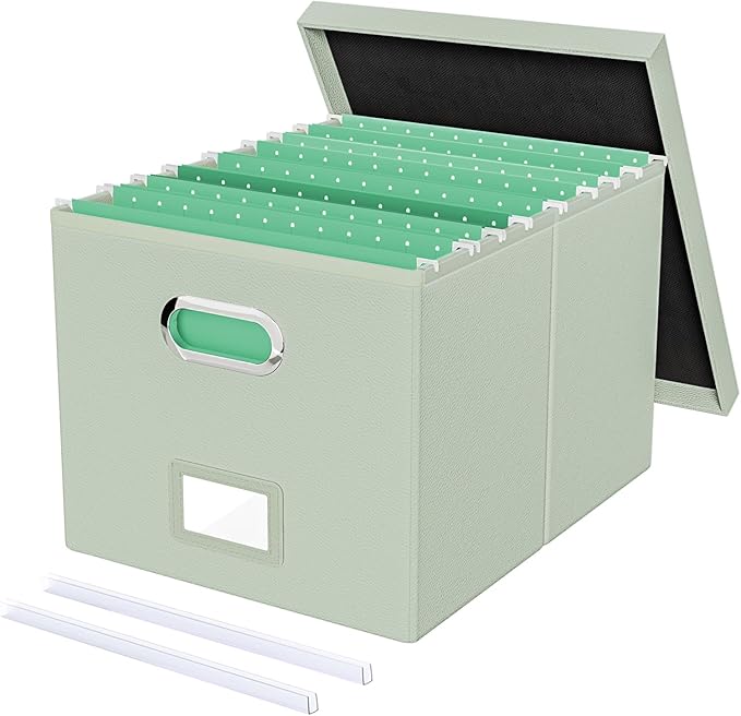 File Organizer Box,Filing Box with Lid,File Box for Letter/Legal File Folder Storage, Portable Hanging File Box for Office/Decor/Home,1 Pack, Grey-green(Leather),Box only, AM03118 by Oterri