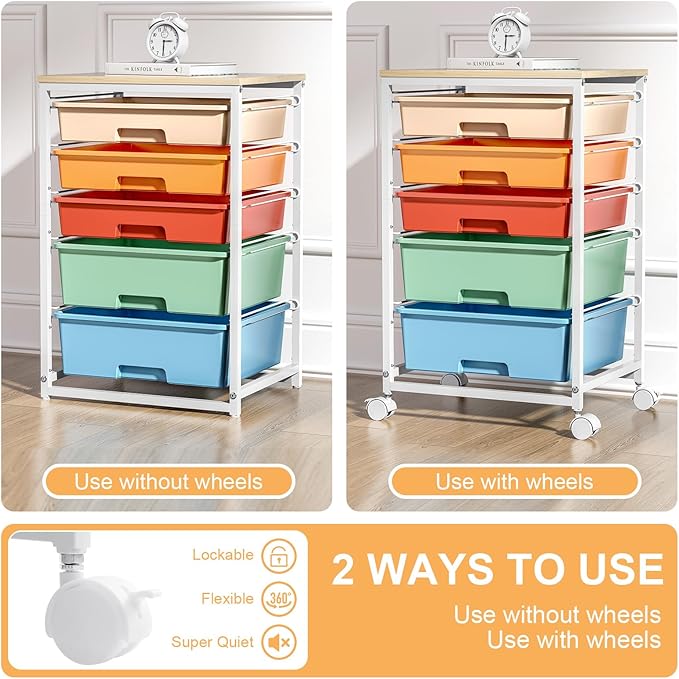 SYKIARIOL Utility Cart with Drawers,5 Drawers Storage Cart,Macaron | 5-Tiers Storage Cart with Drawers with Lockable Wheels for Craft Organizers and Storage,Home Office,Classroom,Dorm,Playroom - Image 6