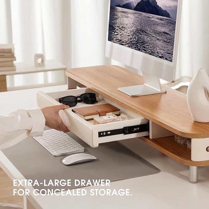 Fenge Dual Monitor Stand with Large Storage Drawer, 42.5" Dsek Shelf, Oak | Slide-Out Drawer with Soft Touch Leather, Ergonomic Monitor Riser, Aluminum leg, 2-Tier Desk Organizer for Laptop, TV, PC - Image 4