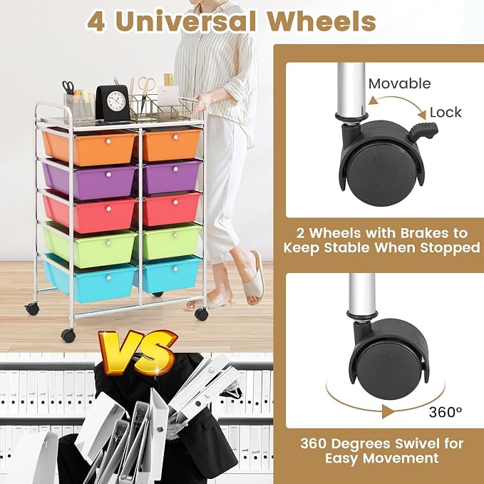 Moccha 10-Drawer Rolling Storage Cart - Storage Drawers Organizer with wheels for Craft Art Supply Paper Salon, Scrapbook Paper Tools, Under Desk Cabinet on Wheels for Classroom Office Home School - Image 6