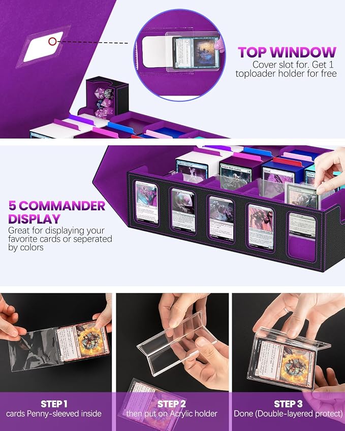 Trading Card Storage Box, 5 Row Card Deck Case with Commander Display & Portable Handle, 4200+ Card Deck Boxes Compatible for MTG TCG Magic Cards, 30 Divider, 8 Supporters, 1 Dice Tray(Black & Purple) - Image 3
