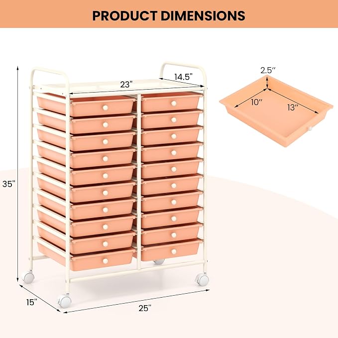 Giantex 20 Drawers Rolling Cart, Mobile Storage Drawer Cart, Classroom Organizer for Office School Supplies Tools Scrapbook Paper Craft Small Printer, Utility Stand on Wheels, Peach - Image 3